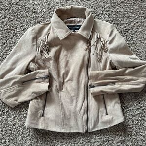 Black rivet tan fringe western wear blogger jacket women faux suede Size Med EUC